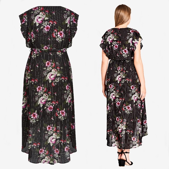 City Chic Dresses & Skirts - City Chic black striped floral wrap dress with tie